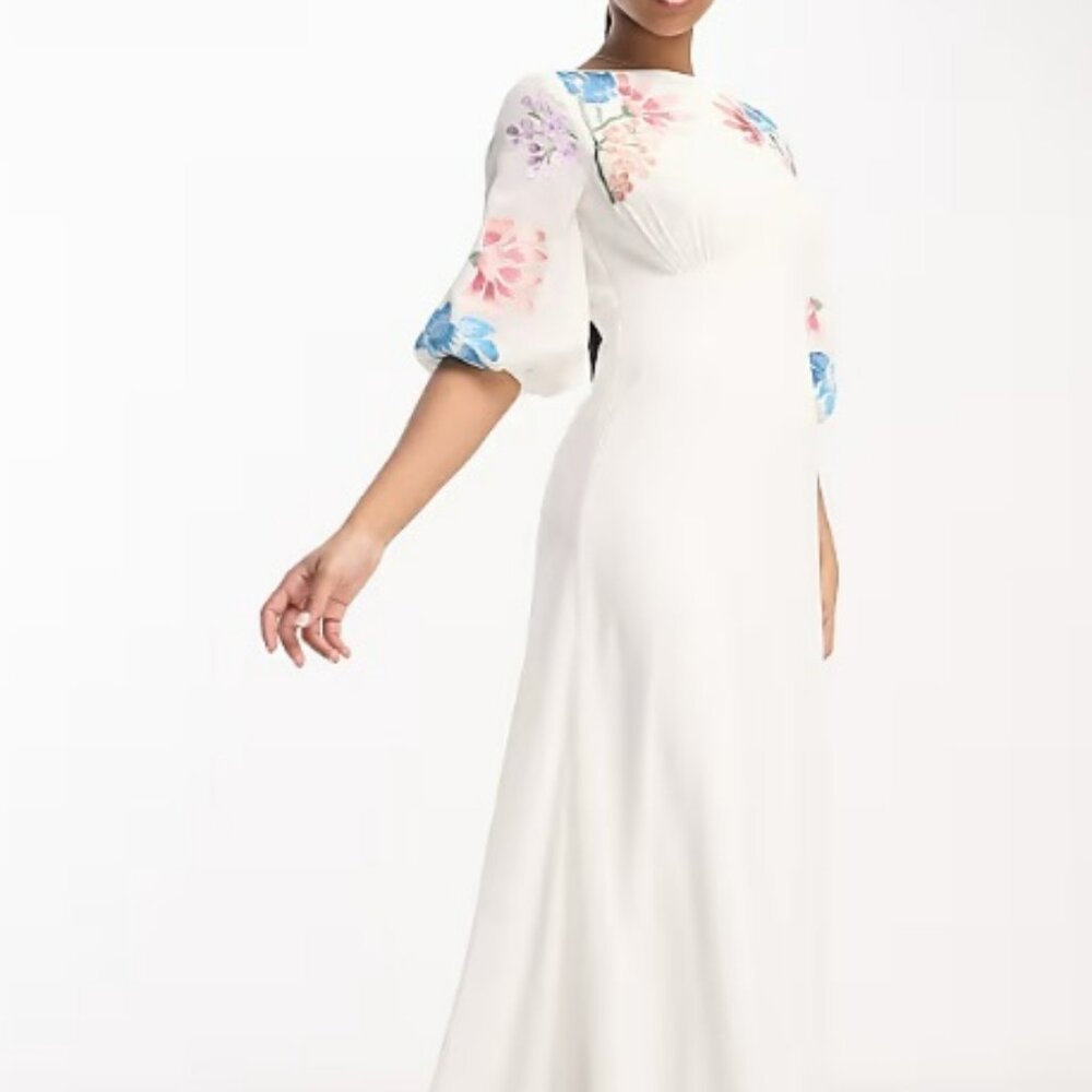 Maya Bridal embroidered puff sleeve maxi dress in ivory